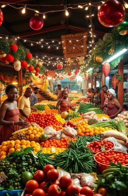 A vibrant Guyanese Christmas scene inspired by Anthony Gordon, showcasing a lively grand market filled with fresh fruits and vegetables, assorted meat and poultry