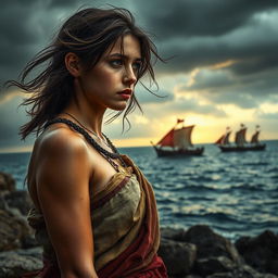 A troubled yet beautiful young female slave in ancient Rome, adorned with a glimmering gold amulet on her wrist, symbolizing her past and hopes for freedom