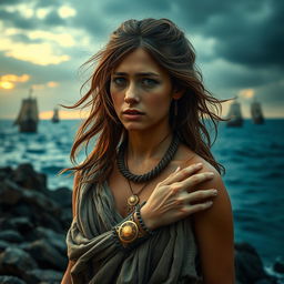 A troubled yet beautiful young female slave in ancient Rome, adorned with a glimmering gold amulet on her wrist, symbolizing her past and hopes for freedom