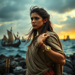 A troubled yet beautiful young female slave in ancient Rome, adorned with a glimmering gold amulet on her wrist, symbolizing her past and hopes for freedom