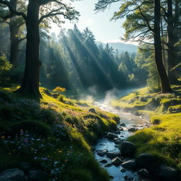 A majestic view of a mystical forest bathed in ethereal light, with ancient trees towering high and lush green foliage