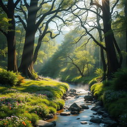 A majestic view of a mystical forest bathed in ethereal light, with ancient trees towering high and lush green foliage