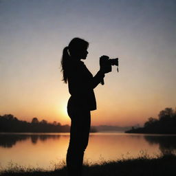 Generate a realistic image of a girl's silhouette standing and holding a camera, set against a nature background under a sunrise sky.