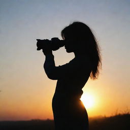 Generate a realistic image of a girl's silhouette standing and holding a camera, set against a nature background under a sunrise sky.