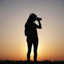 Generate a realistic image of a girl's silhouette standing and holding a camera, set against a nature background under a sunrise sky.