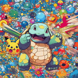 A beautiful Murakami print featuring Blastoise from Pokemon, with the water type Pokemon surrounded by vibrant, superflat style elements typical of Murakami's artwork.