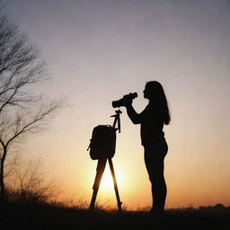 Generate a realistic image of a girl's silhouette standing and holding a camera, set against a nature background under a sunrise sky.