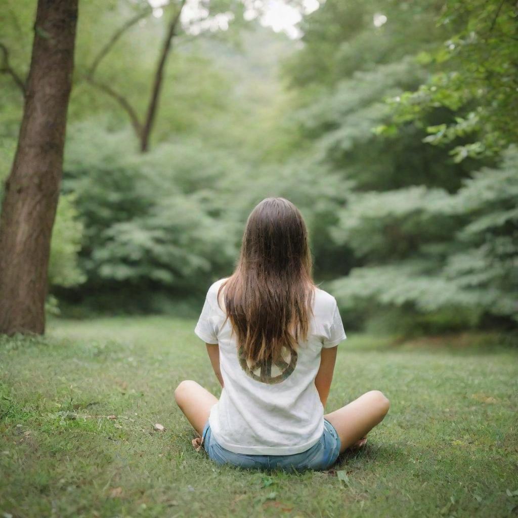 Create a realistic image of a girl sitting with her back facing us, posing with a peace sign. The backdrop is lush green nature filled with numerous trees.