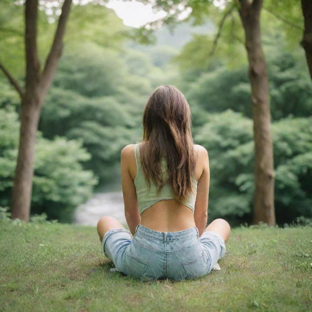 Create a realistic image of a girl sitting with her back facing us, posing with a peace sign. The backdrop is lush green nature filled with numerous trees.