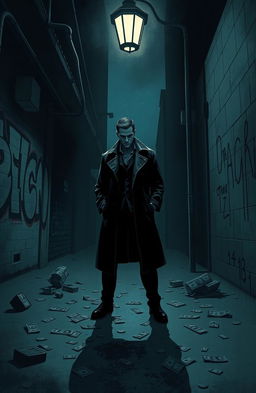 A gritty urban scene depicting the dark underbelly of city life, featuring a mysterious figure in a stylish trench coat standing under a flickering street lamp