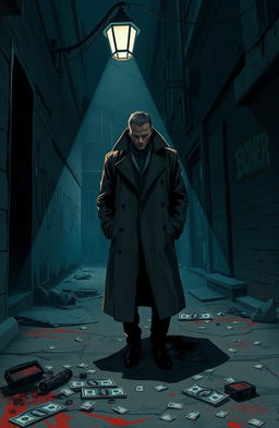 A gritty urban scene depicting the dark underbelly of city life, featuring a mysterious figure in a stylish trench coat standing under a flickering street lamp