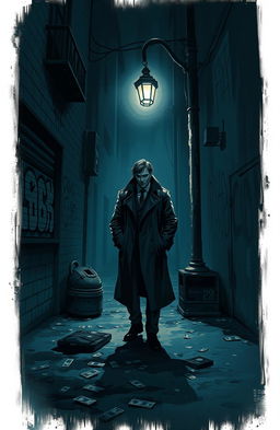 A gritty urban scene depicting the dark underbelly of city life, featuring a mysterious figure in a stylish trench coat standing under a flickering street lamp