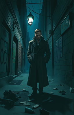 A gritty urban scene depicting the dark underbelly of city life, featuring a mysterious figure in a stylish trench coat standing under a flickering street lamp
