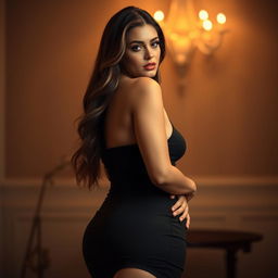 A voluptuous woman with an hourglass figure, wearing a classy and elegant dress that accentuates her curves