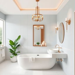 A beautifully decorated modern bathroom featuring a spacious design with a large bathtub, sleek tiles, and stylish fixtures