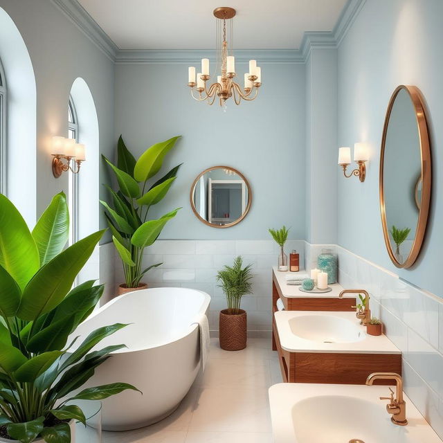 A beautifully decorated modern bathroom featuring a spacious design with a large bathtub, sleek tiles, and stylish fixtures