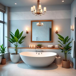 A beautifully decorated modern bathroom featuring a spacious design with a large bathtub, sleek tiles, and stylish fixtures