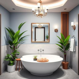 A beautifully decorated modern bathroom featuring a spacious design with a large bathtub, sleek tiles, and stylish fixtures