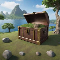 Develop a realistic imagery of a treasure chest containing Planet Earth with a lush, natural landscape as the backdrop. Populate the environment with people for a lively scene.