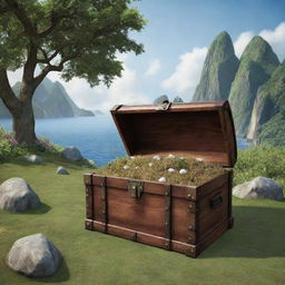 Develop a realistic imagery of a treasure chest containing Planet Earth with a lush, natural landscape as the backdrop. Populate the environment with people for a lively scene.