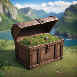 Develop a realistic imagery of a treasure chest containing Planet Earth with a lush, natural landscape as the backdrop. Populate the environment with people for a lively scene.