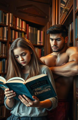 A 17-year-old girl with long flowing hair, deeply focused as she reads a captivating book in a cozy library filled with shelves of colorful novels