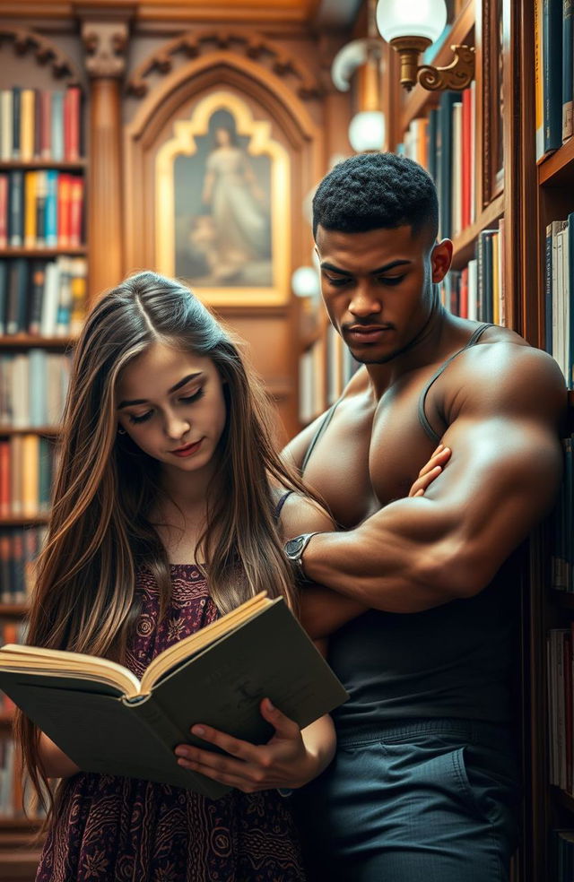 A 17-year-old girl with long flowing hair, deeply focused as she reads a captivating book in a cozy library filled with shelves of colorful novels