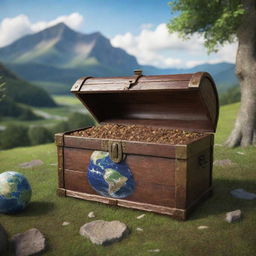 Develop a realistic imagery of a treasure chest containing Planet Earth with a lush, natural landscape as the backdrop. Populate the environment with people for a lively scene.