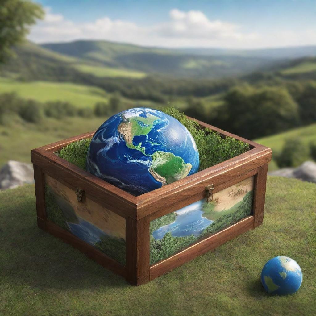 Design a realistic image depicting a treasure box containing Planet Earth set against a backdrop of a stunning, naturally-lush landscape filled with people.