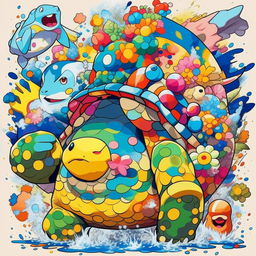 A beautiful Murakami print featuring Blastoise from Pokemon, with the water type Pokemon surrounded by vibrant, superflat style elements typical of Murakami's artwork.