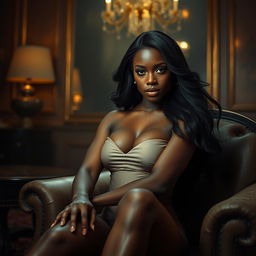 An evocative and mysterious scene featuring a strikingly beautiful black woman with long, flowing hair, seated confidently in a luxurious, dimly lit room