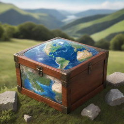 Design a realistic image depicting a treasure box containing Planet Earth set against a backdrop of a stunning, naturally-lush landscape filled with people.