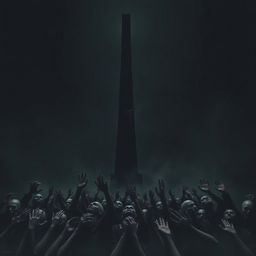 A dark cover featuring a blacked out silhouette of a man falling from a tall, thin tower that extends into the sky, reminiscent of the Tower of Babylon