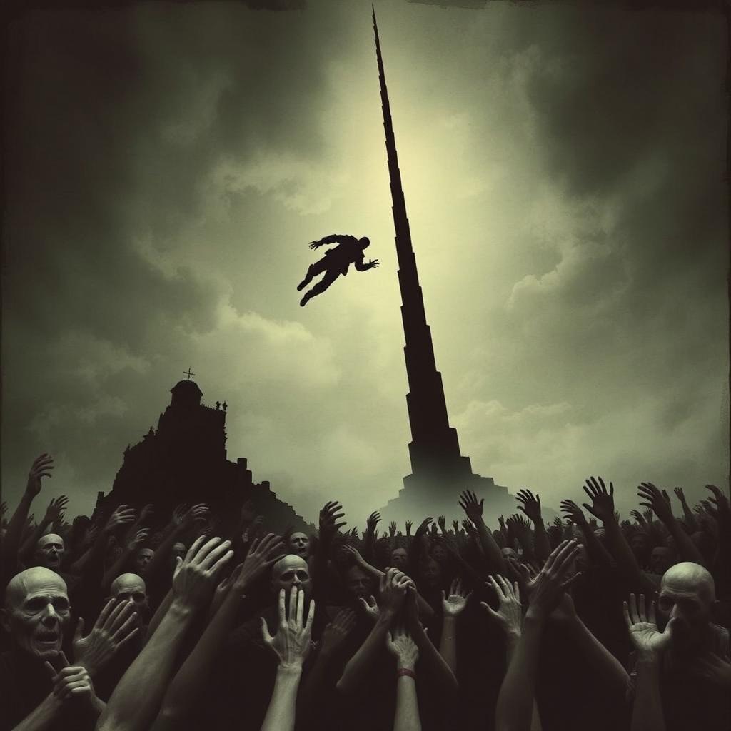 A dark cover featuring a blacked out silhouette of a man falling from a tall, thin tower that extends into the sky, reminiscent of the Tower of Babylon