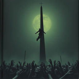 A dark cover featuring a blacked out silhouette of a man falling from a tall, thin tower that extends into the sky, reminiscent of the Tower of Babylon