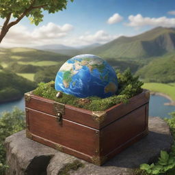 Design a realistic image depicting a treasure box containing Planet Earth set against a backdrop of a stunning, naturally-lush landscape filled with people.