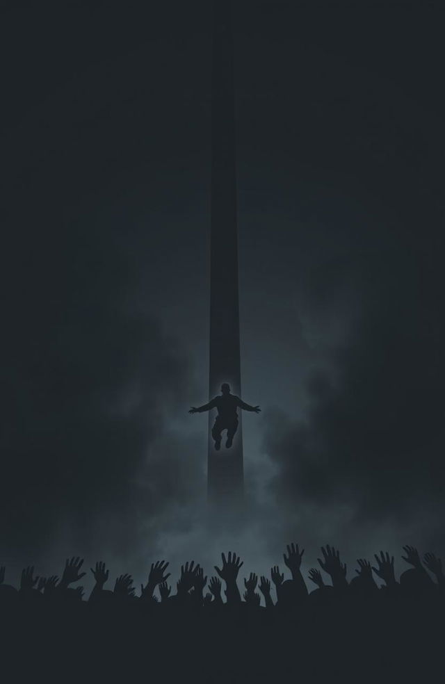 A dark cover design featuring the silhouette of a man falling from a tall, thin tower that extends into the sky, reminiscent of the Tower of Babylon