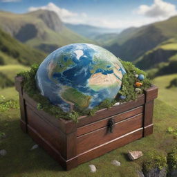 Design a realistic image depicting a treasure box containing Planet Earth set against a backdrop of a stunning, naturally-lush landscape filled with people.