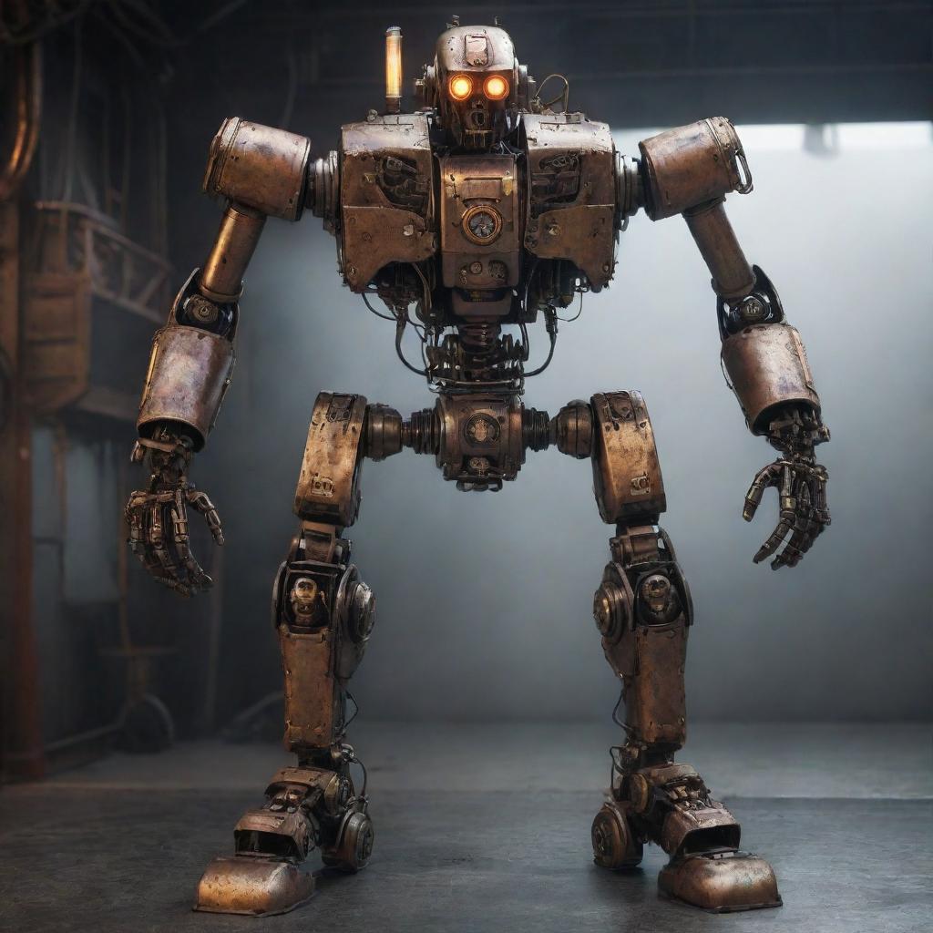 Create a hyper-realistic, super detailed image of a steampunk-style, cybernetic AI humanoid mech robot. Include an aggressive, minimalistic design with emissive LED lights. Environment should have a wet, reflective floor shrouded by volumetric smoke. Lighting should be dramatic and movie poster-style.