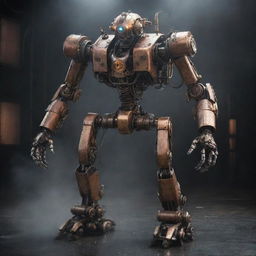 Create a hyper-realistic, super detailed image of a steampunk-style, cybernetic AI humanoid mech robot. Include an aggressive, minimalistic design with emissive LED lights. Environment should have a wet, reflective floor shrouded by volumetric smoke. Lighting should be dramatic and movie poster-style.