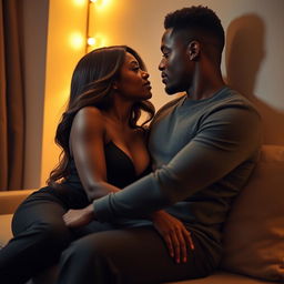 A passionate and intimate scene featuring a beautiful black couple sitting close together in a cozy, softly lit space