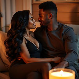 A passionate and intimate scene featuring a beautiful black couple sitting close together in a cozy, softly lit space