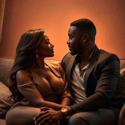 A passionate and intimate scene featuring a beautiful black couple sitting close together in a cozy, softly lit space