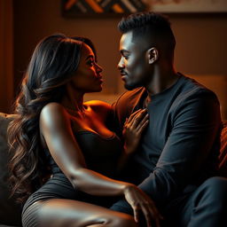 A passionate and intimate scene featuring a beautiful black couple sitting close together in a cozy, softly lit space