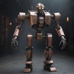 Create a hyper-realistic, super detailed image of a steampunk-style, cybernetic AI humanoid mech robot. Include an aggressive, minimalistic design with emissive LED lights. Environment should have a wet, reflective floor shrouded by volumetric smoke. Lighting should be dramatic and movie poster-style.