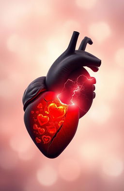 An artistic representation of two human hearts, one vibrant and glowing with a rich red color symbolizing devotion and love, while the other appears darker and fragmented, representing confusion and uncertainty