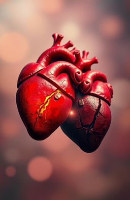 An artistic representation of two human hearts, one vibrant and glowing with a rich red color symbolizing devotion and love, while the other appears darker and fragmented, representing confusion and uncertainty