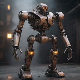 Create a hyper-realistic, super detailed image of a steampunk-style, cybernetic AI humanoid mech robot. Include an aggressive, minimalistic design with emissive LED lights. Environment should have a wet, reflective floor shrouded by volumetric smoke. Lighting should be dramatic and movie poster-style.