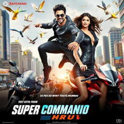 A vibrant film poster for 'Super Commando Dhruv', featuring a Shahid Kapoor look-alike superhero with an athletic build and an engaging smile, showcasing his acrobatic abilities in a dynamic pose amidst the bustling cityscape of Mumbai