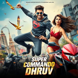 A vibrant film poster for 'Super Commando Dhruv', featuring a Shahid Kapoor look-alike superhero with an athletic build and an engaging smile, showcasing his acrobatic abilities in a dynamic pose amidst the bustling cityscape of Mumbai